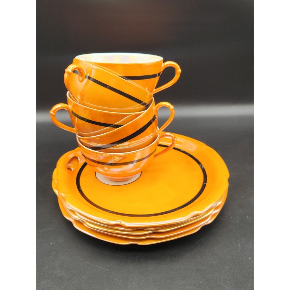 Rudolph Wachter RW Germany Orange Iridescent‎ 5 Porcelain Tea Cups Saucer Plates